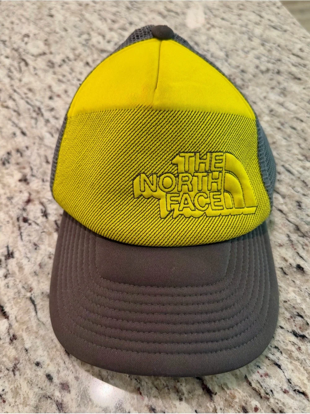 The North Face Cross Stitch Trucker Hat Cap Snapback One Size Yellow Gray